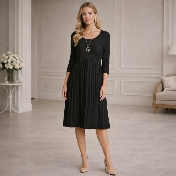 EILEEN FISHER 100% WOOL Ribbed Pleated SMALL Sweater Dress ITALIAN YARN  F3YO-2
